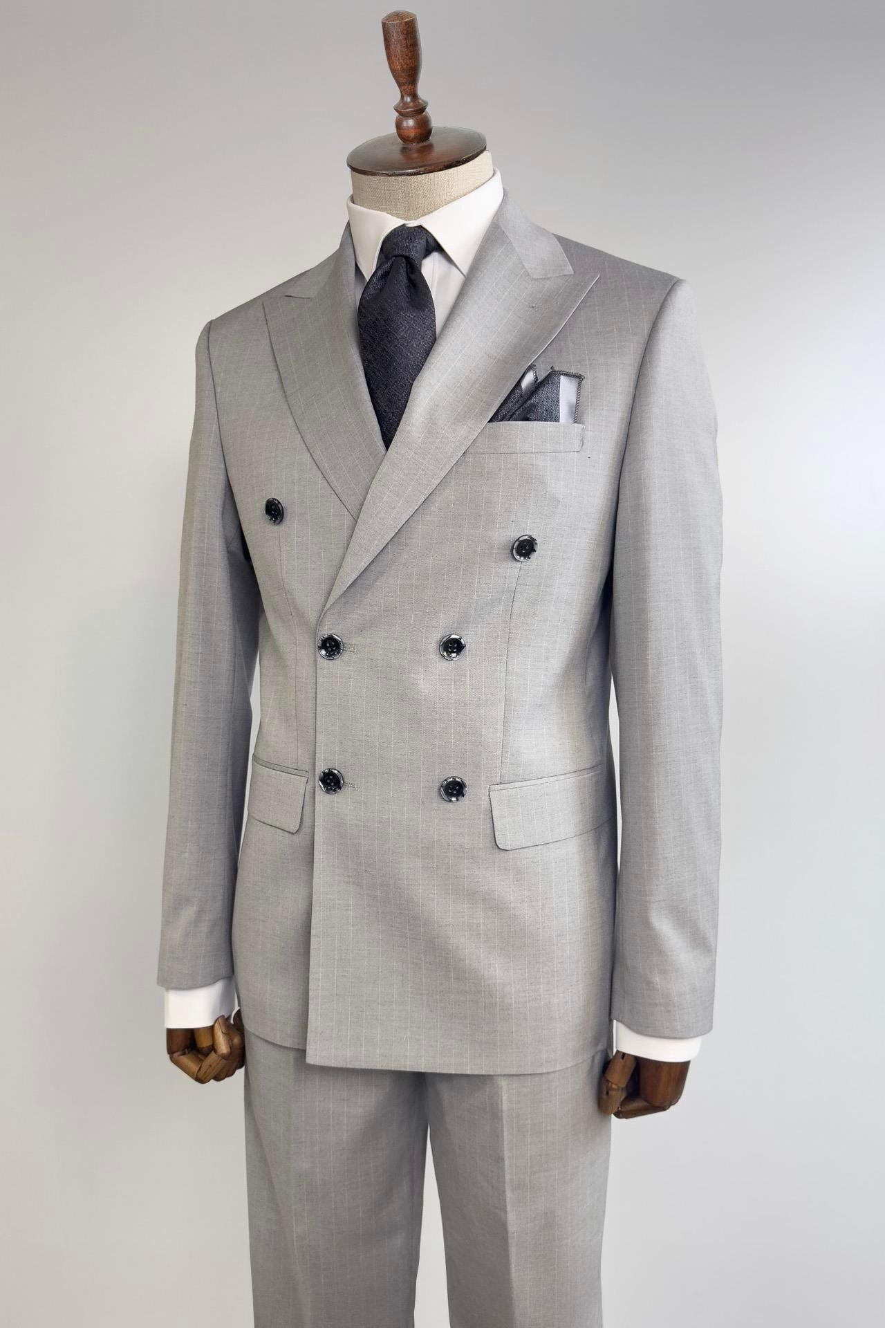 3104 Kruvaze Çizgili Takım Elbise Gri