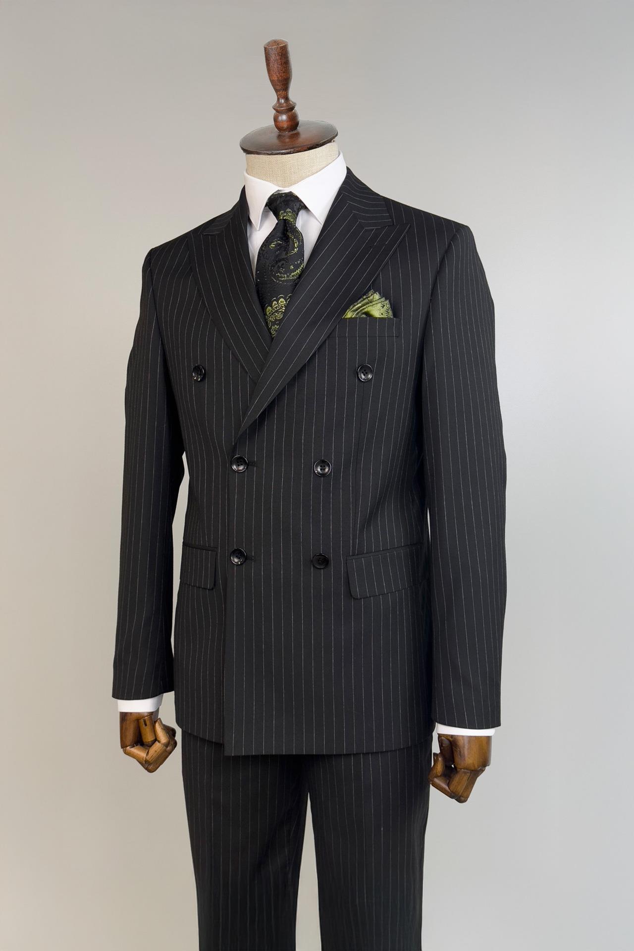 3104 Kruvaze Çizgili Takım Elbise Siyah