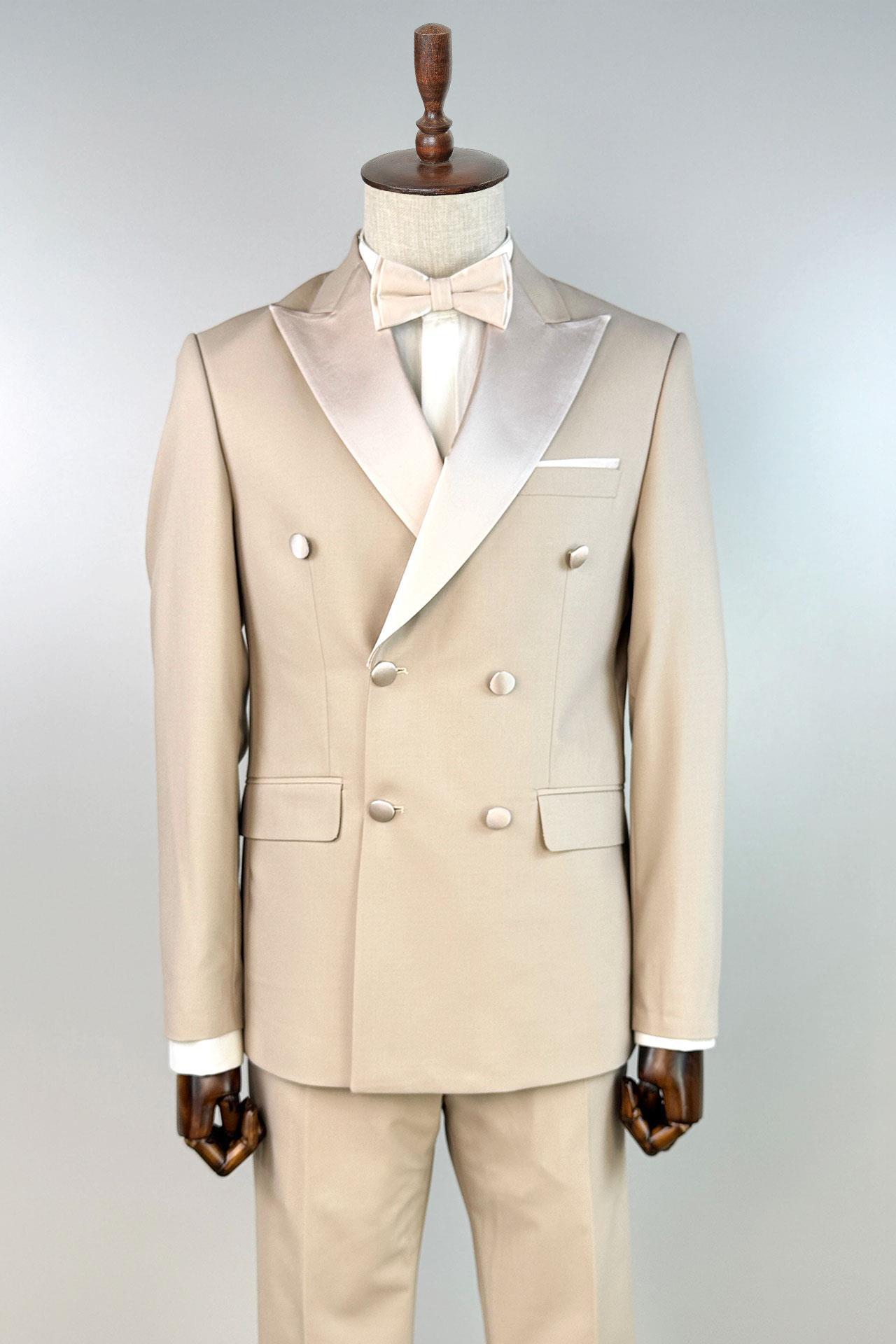 3120 Kruvaze Saten Çıkma Yaka Damatlık T.Elb Bej