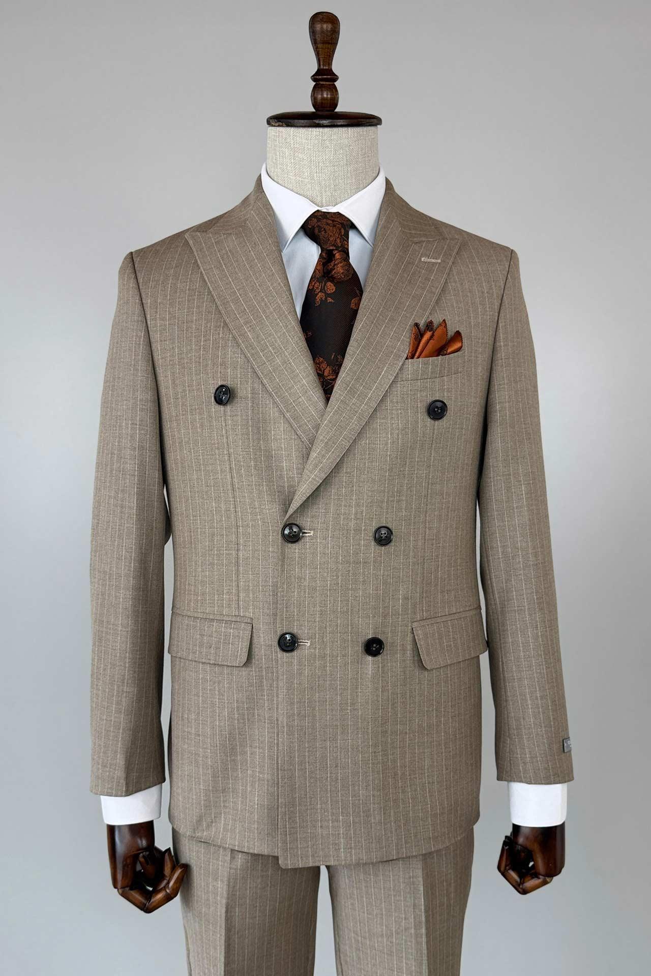 3196 Kruvaze Çizgili Takım Elbise Kahve