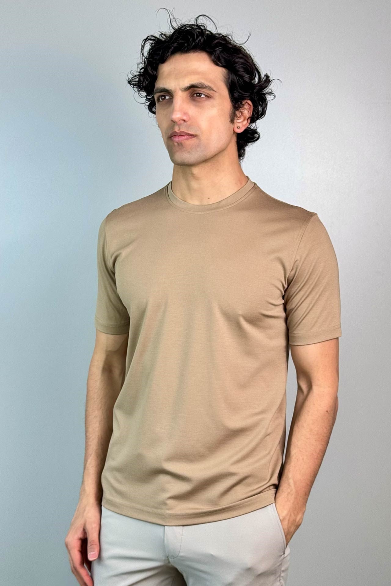 7094 0 Yaka Basic T-Shirt Bej