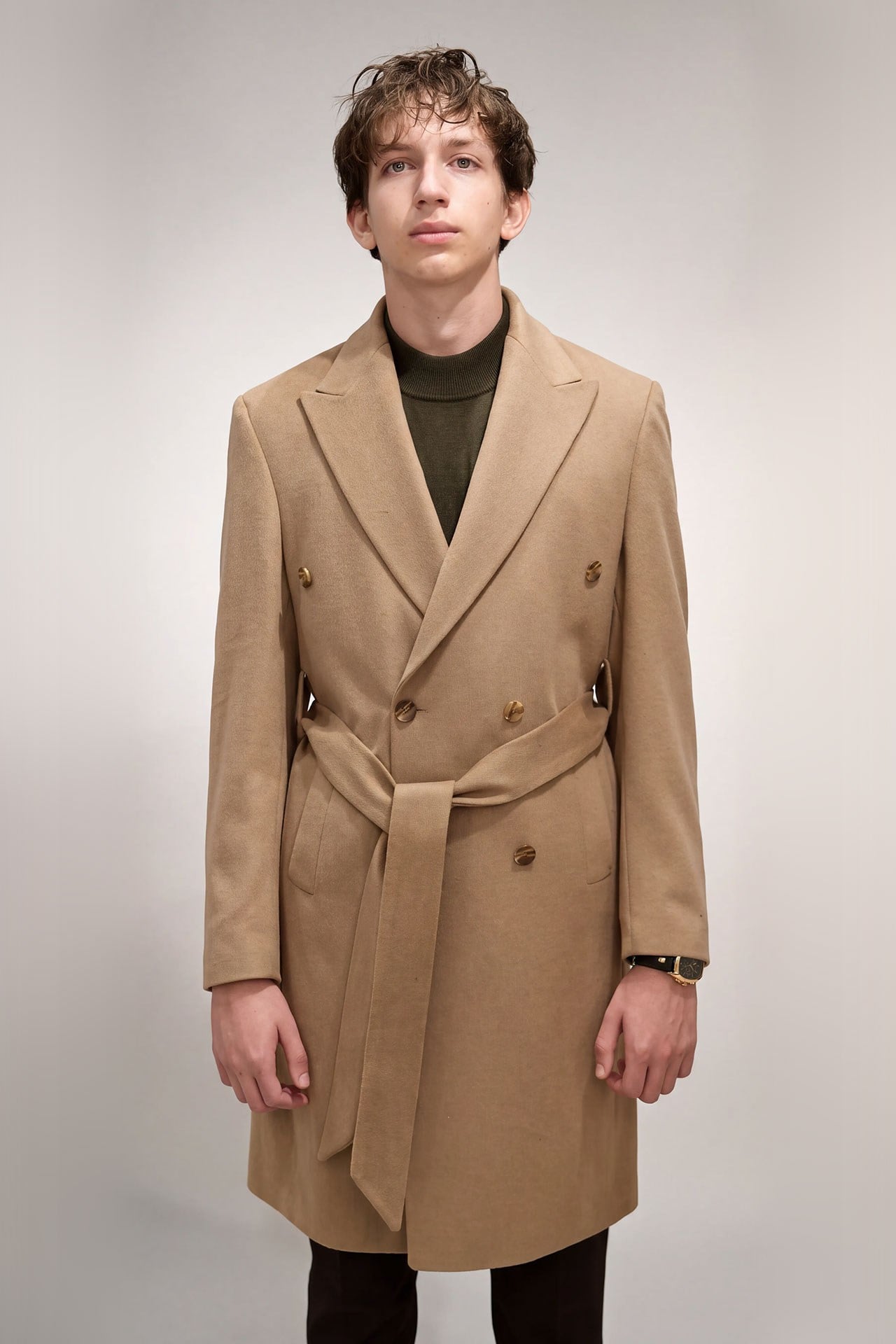 7202 Kuşaklı Kruvaze Palto Camel