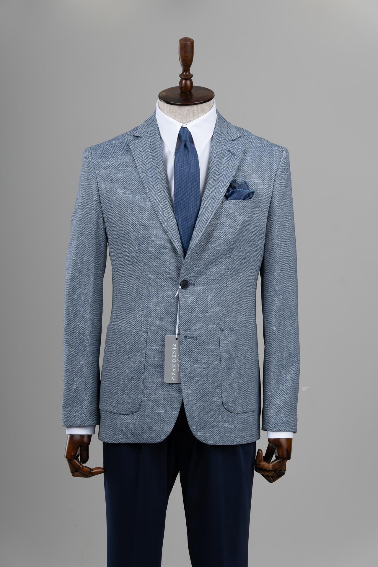 Slim Fit Balıksırtı Mavi Ceket