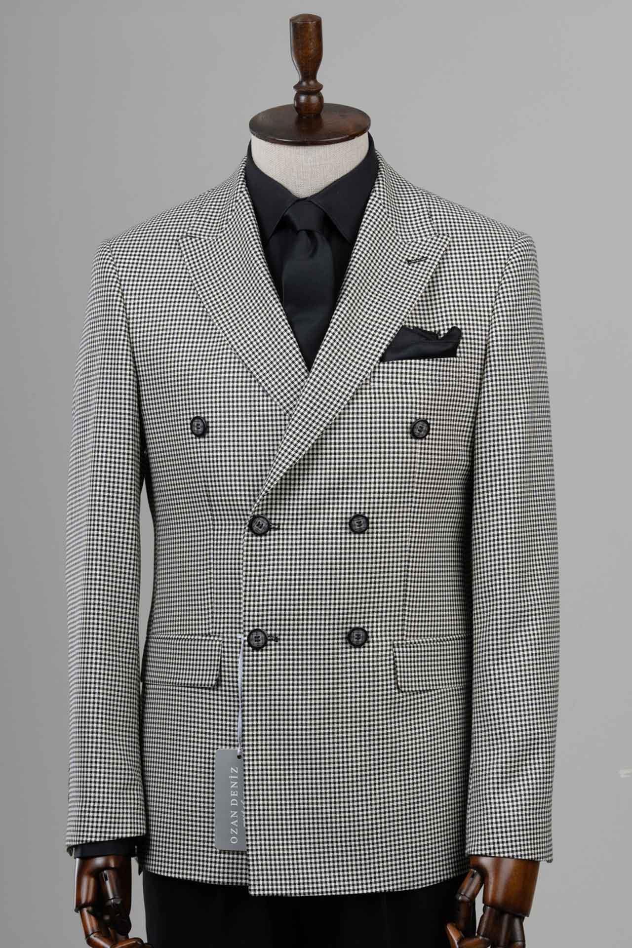 Slim Fit Piti Kare Desenli Siyah Kruvaze Ceket