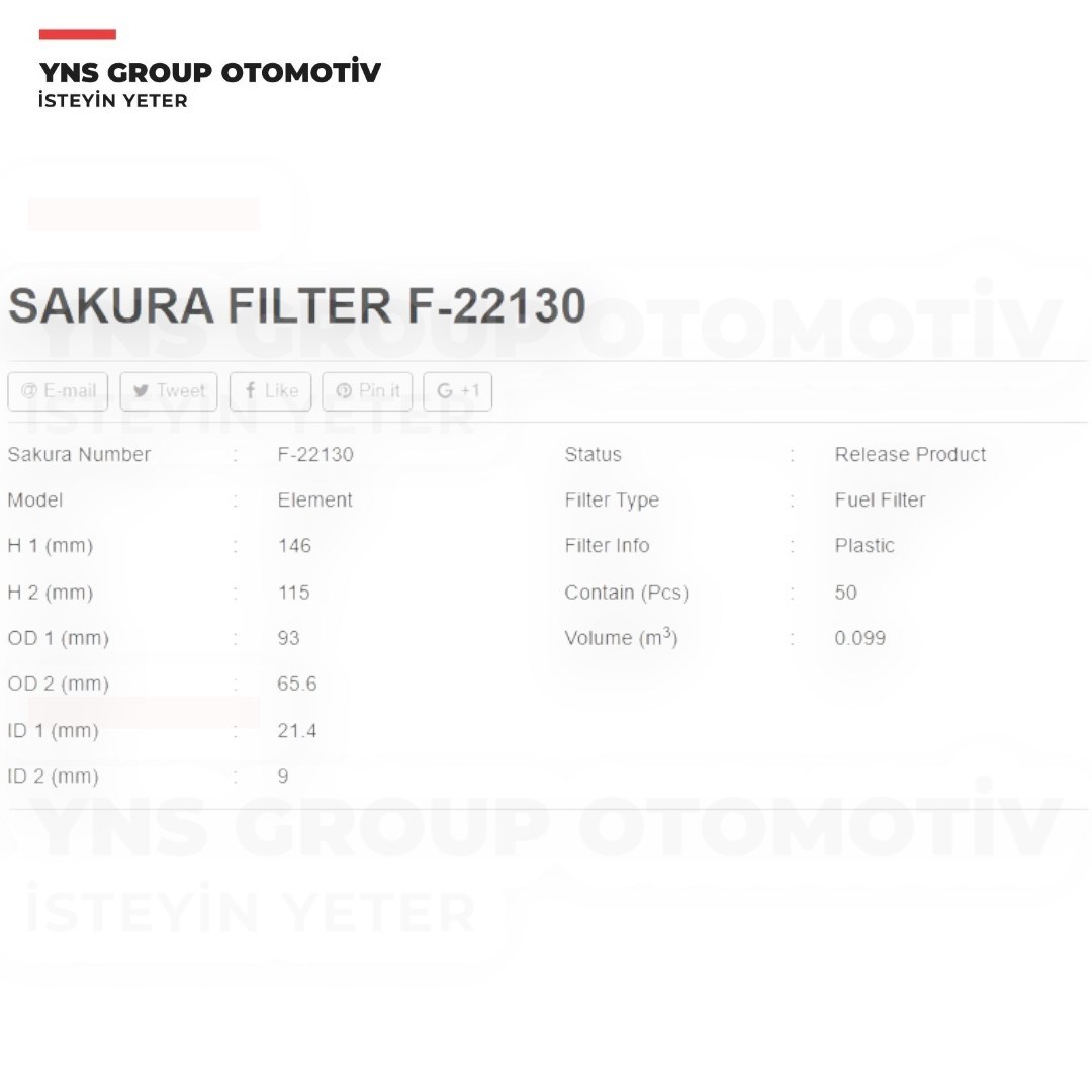 Alfa Romeo Giulietta Mito 10-18 Fiat 500 Doblo Ducato Fiorino Panda Punto Egea 15-21 Jeep Compass Renegade 15- Opel Combo D 12-21 1.3 - 1.6 - 2.0 Mjt Yakıt (Mazot) Filtresi Elemanı Sakura - F22130 / 77366607