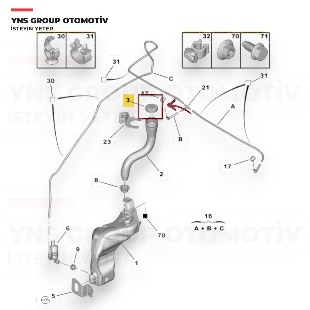 Citroen Berlingo III C1 C4 05-18 Ds4 Ds5 10-15 Jumpy 07-22 Peugeot P308 09-15 Expert Partner 16- Toyota Aygo 05-14 Ön Cam Su Fiskye Depo Kapağı Yns - 643238