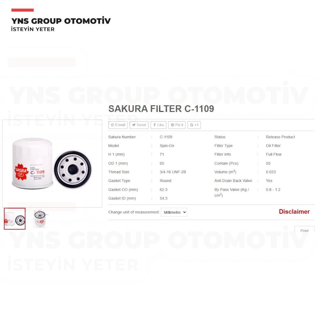 Citroen C1 1.0 cc 05-21 Geely Ck 1.6 cc 05-11 Mk 1.5 cc 12- Peugeot P108 1.0 cc 14- Toyota Auris 07-12 Avensis 97-18 Aygo 1.0 cc Chr 15- Corolla 88-21 Rav4 97-18 Yaris 03-21 Benzinli Modeller Yağ Filtresi Sakura - C1109