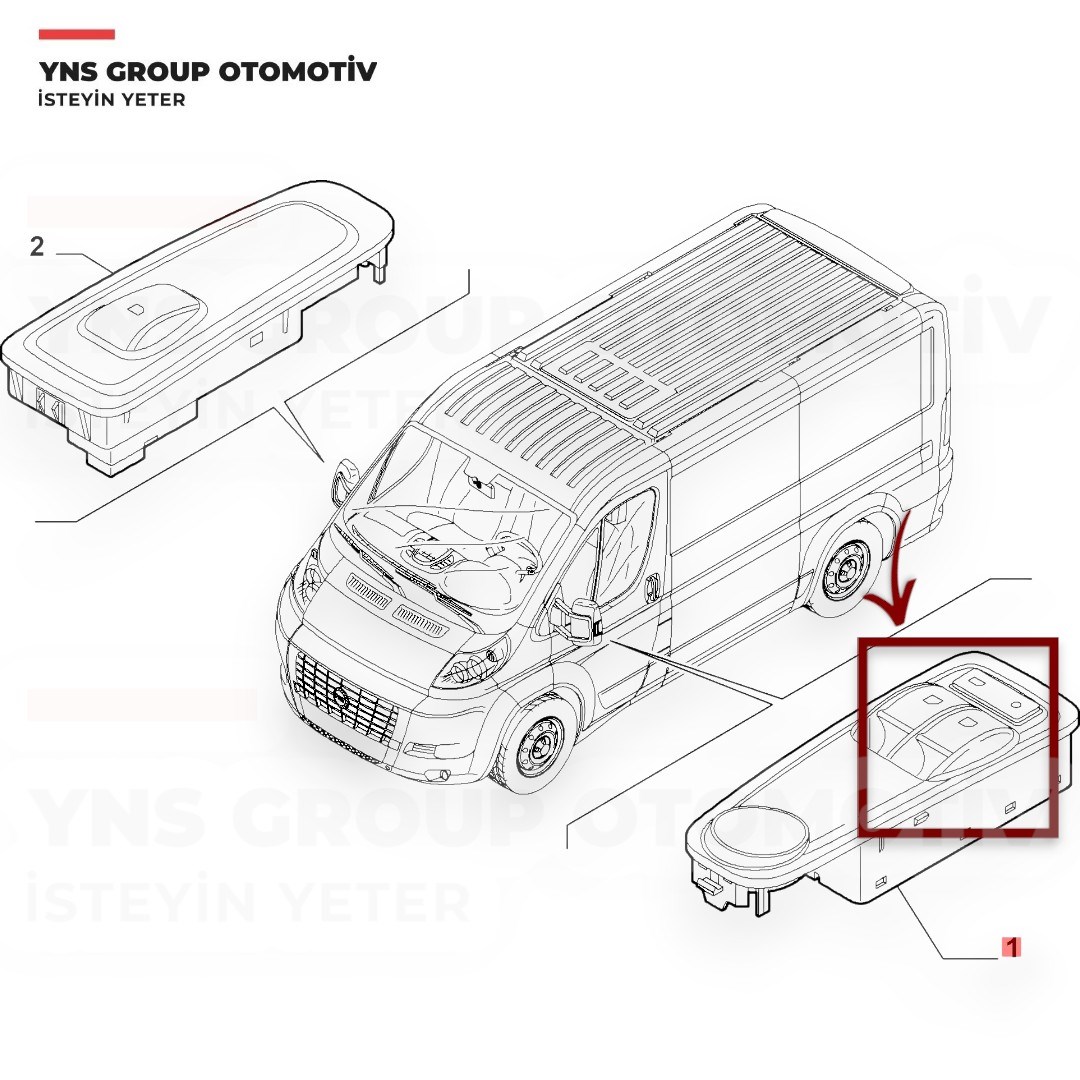 Citroen Jumper 15-23 Fiat Doblo 10- Ducato 06- Peugeot Boxer 06-23 Ön Cam Açma Düğmesi (Anahtarı) Sol (Çerçevesiz - Merkezi Kilitli) Yns - 735487423