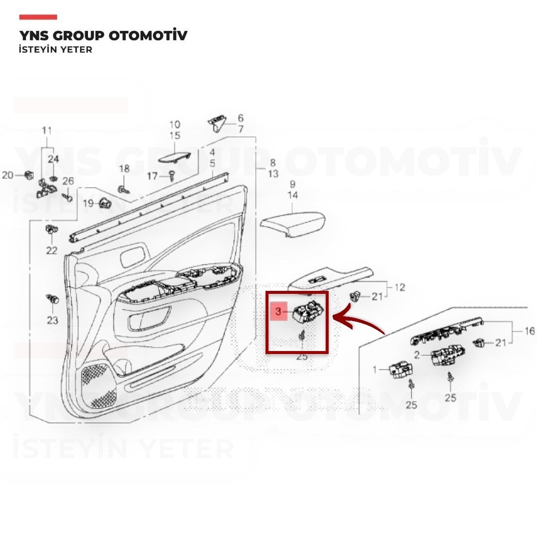 Honda City 07-12 Jazz 09-14 (Ön Sağ / Arka Sağ - Sol) Civic Crv 12-15 (Arka Sağ - Sol) Cam Açma Düğmesi (Anahtarı) Yns - 35770tr0e01
