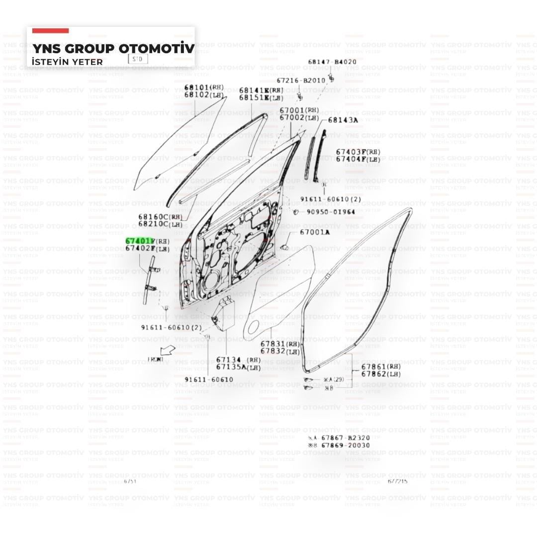 Daihatsu Terios 05- Kapı Cam Kızağı Dikey Ön Sağ Orjinal - 0367401b4010