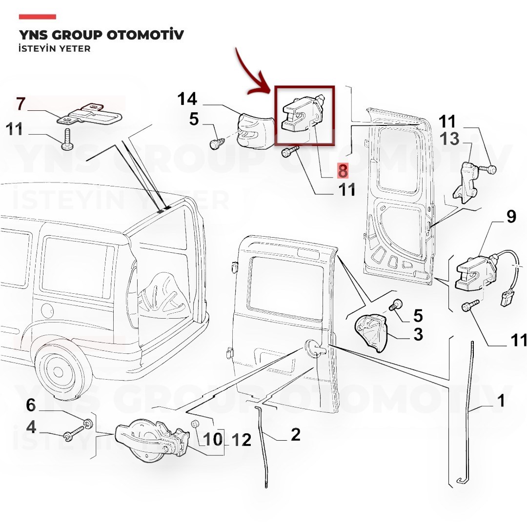 Fiat Doblo II 05-12 Opel Combo 12- Arka Bagaj Kapı Kilidi İç (Alt = Üst) Sağ (Çift Kapı) Yns - 51757818