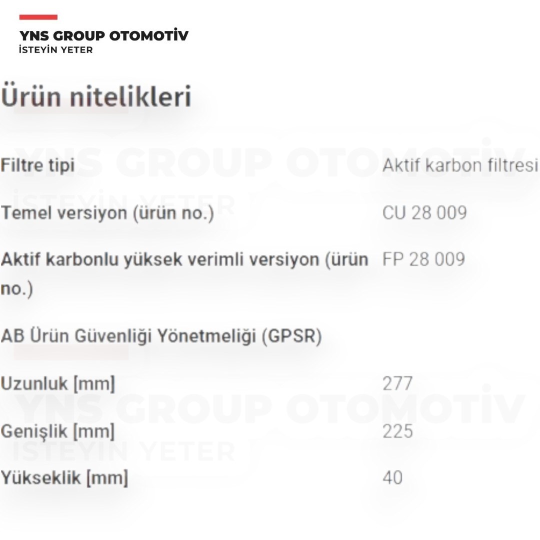 Ford Focus 18- Kuga 19- Mondeo 15-23 S-Max 15-23 Polen Filtresi (Karbonlu) Mann - Cuk28009 / jx6a18a483aa