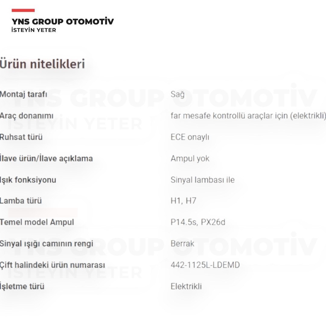 Opel Combo C Corsa C 01- Ön Far Lambası (Elektrikli - H7 + H1) Sağ Depo - 4421125rldem / 1216160