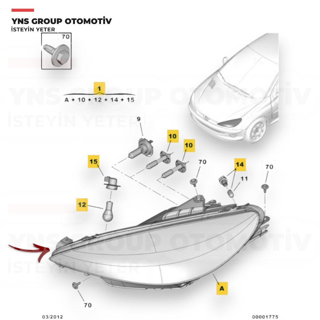 Peugeot P206 02- Ön Far Lambası Sağ (Şeffaf) Yns - 6205s9