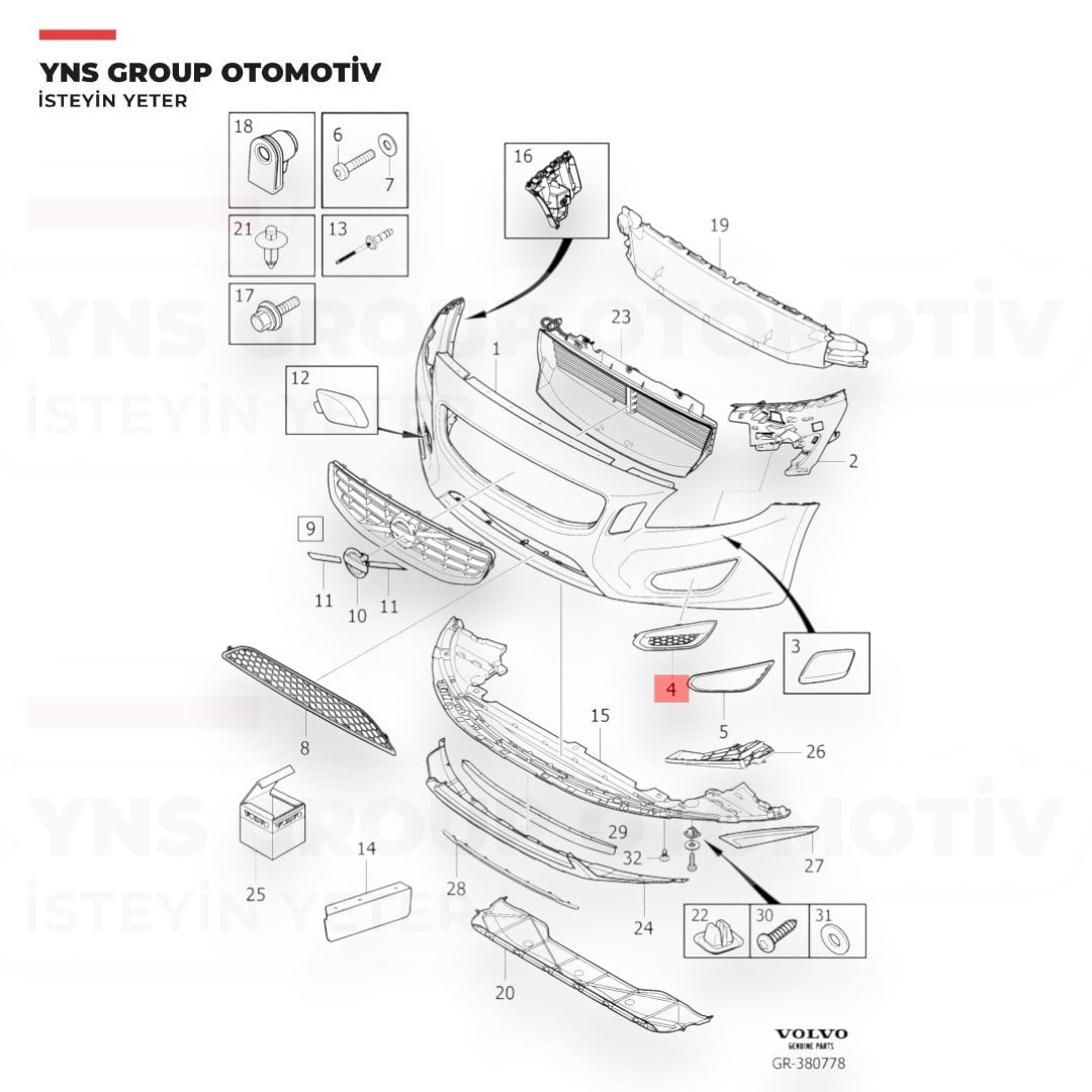 Volvo S60 II V60 10-18 Ön Tampon Sis Çerçevesi (Izgarası) Sağ (Sissiz) Orjinal - 31294130