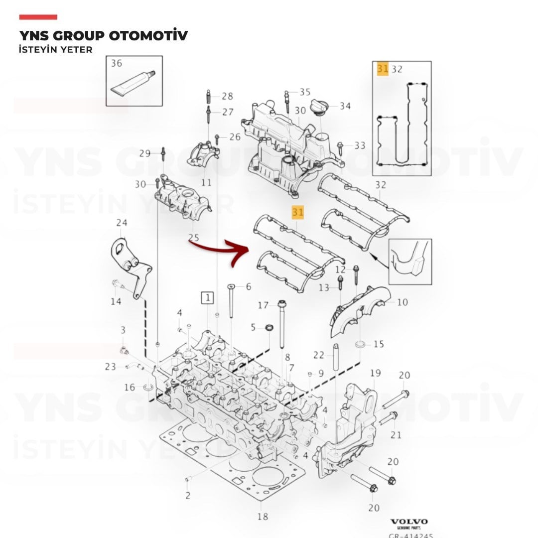 Volvo S60 S80 V40 V60 V70 10-15 T2 - T3 - T4 1.6 Benzinli (B4164t) Külbütör (Üst) Kapak Contası Orjinal - 31330772