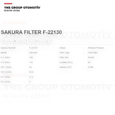 Alfa Romeo Giulietta Mito 10-18 Fiat 500 Doblo Ducato Fiorino Panda Punto Egea 15-21 Jeep Compass Renegade 15- Opel Combo D 12-21 1.3 - 1.6 - 2.0 Mjt Yakıt (Mazot) Filtresi Elemanı Sakura - F22130 / 77366607