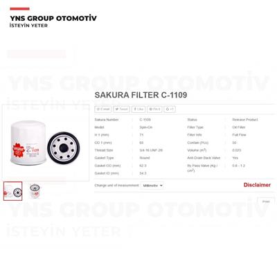 Citroen C1 1.0 cc 05-21 Geely Ck 1.6 cc 05-11 Mk 1.5 cc 12- Peugeot P108 1.0 cc 14- Toyota Auris 07-12 Avensis 97-18 Aygo 1.0 cc Chr 15- Corolla 88-21 Rav4 97-18 Yaris 03-21 Benzinli Modeller Yağ Filtresi Sakura - C1109