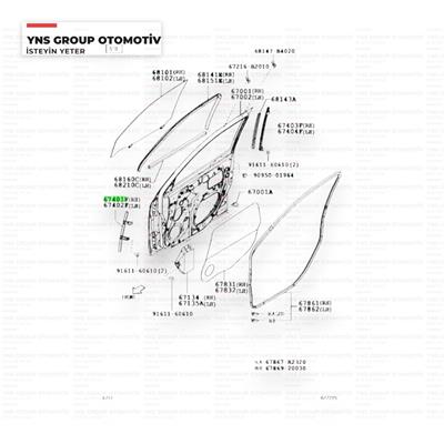 Daihatsu Terios 05- Kapı Cam Kızağı Dikey Ön Sağ Orjinal - 0367401b4010