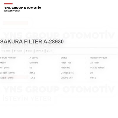 Hyundai Elantra 16-23 I30 11- Kona 18- Kia Cerato Ceed Soul 18- Hava Filtresi Sakura - A28930 / 28113f2000