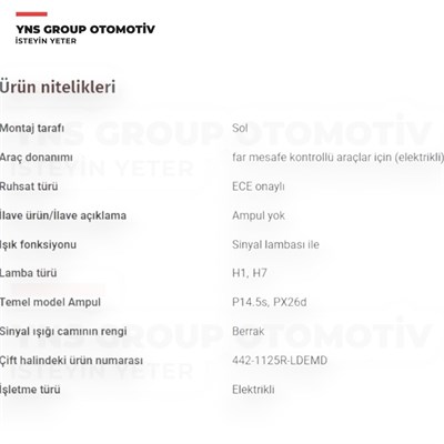 Opel Combo C Corsa C 01- Ön Far Lambası (Elektrikli - H7 + H1) Sol Depo - 4421125lldem / 1216161