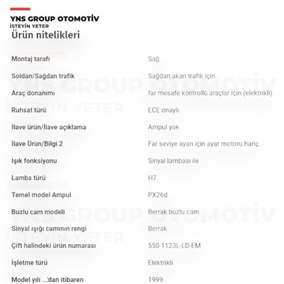 Peugeot P406 96-04 Ön Far Lambası Sağ Depo - 5501123rldem / 6205v2