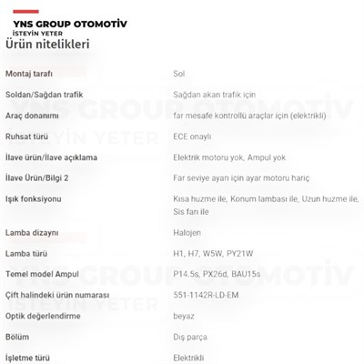 Renault Megane II 02-05 Ön Far Lambası Sol (Elektrikli - Merceksiz) Depo - 5511142lldem / 7701064018