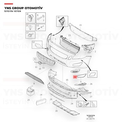 Volvo S60 II V60 10-18 Ön Tampon Sis Çerçevesi (Izgarası) Sağ (Sissiz) Orjinal - 31294130