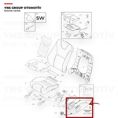 Volvo S60 S80 08-16 Xc60 Xc70 10- Koltuk Yan Koruma Bakaliti (Plastiği - Siyah) Ön Sol Orjinal - 39810505