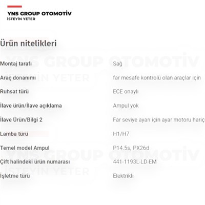Vw Caddy 03-10 Touran 03-10 Ön Far Sağ (Elektrikli) Depo - 4411193rldem / 2k0941006d