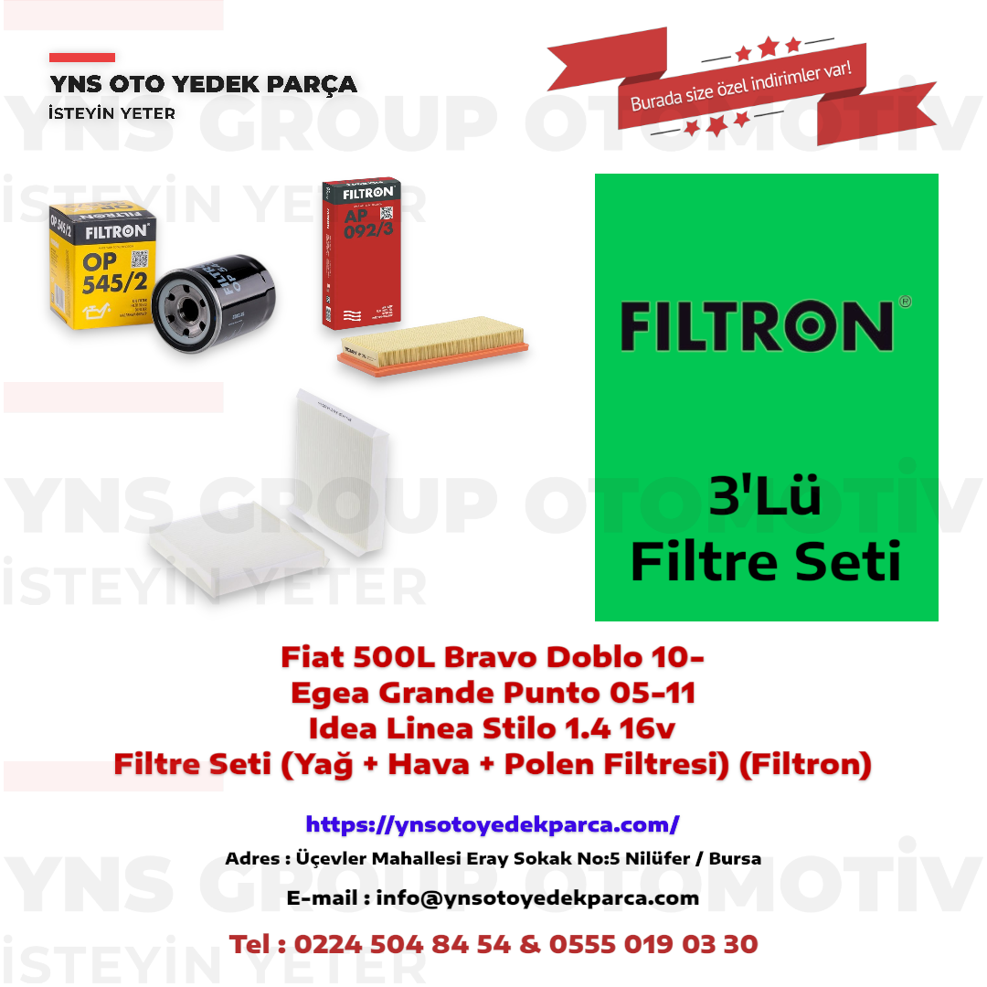 Fiat 500L Bravo Doblo 10- Egea Grande Punto 05-11 Idea Linea Stilo 1.4 16v Filtre Seti (Yağ + Hava + Polen Filtresi) (Filtron) Yns - Fiafilset001
