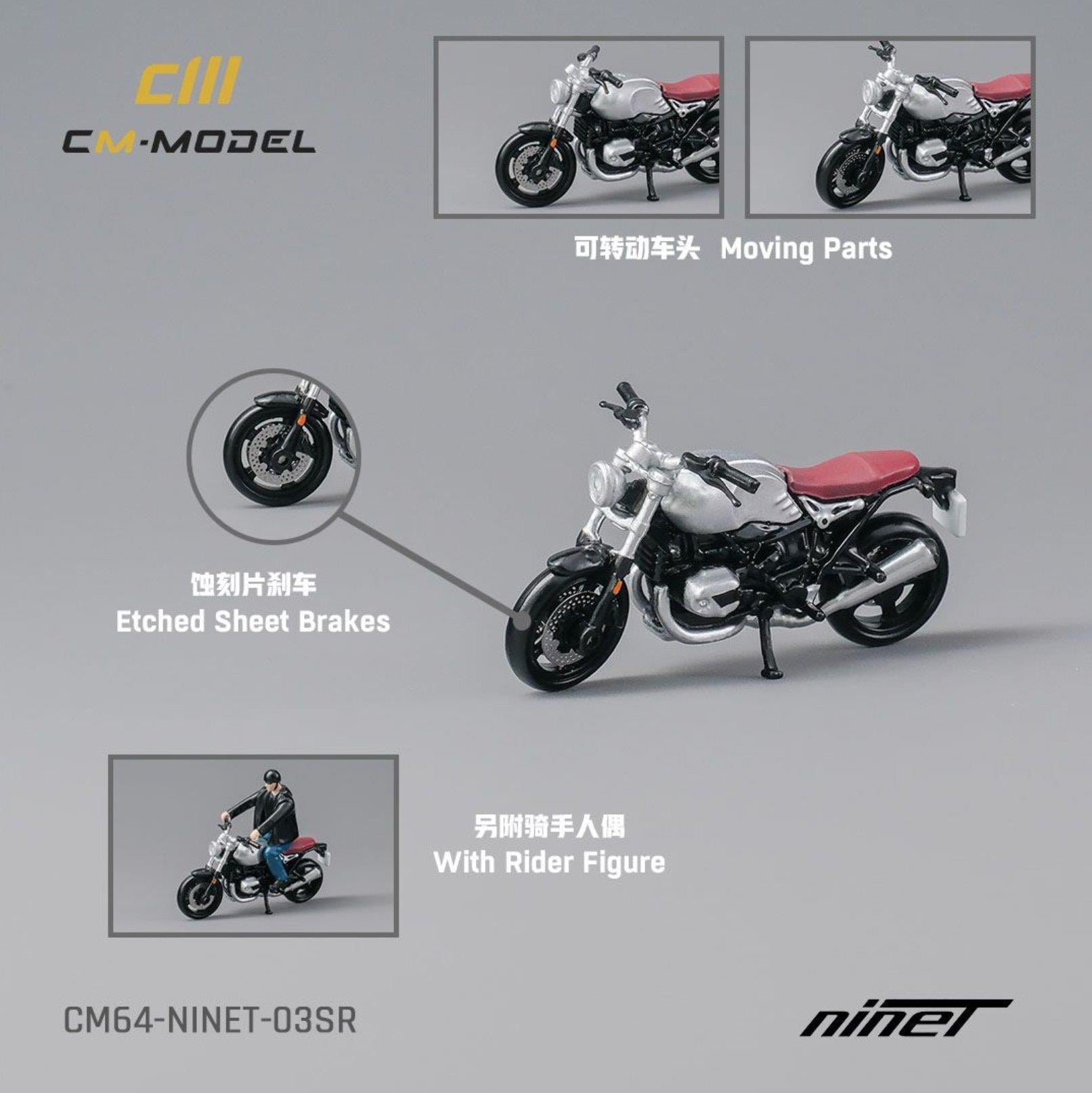 1/64 BMW R nineT Silver with Rider Boy - CM MODEL