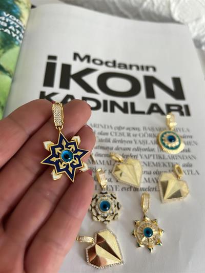 Gold Lacivert Mineli Nazar Charm