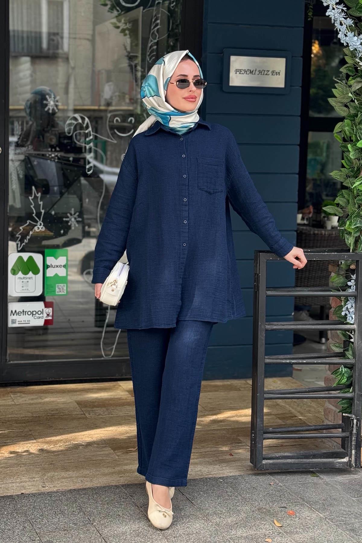 İNVEE Keten Pantolonlu Takım 7161 Lacivert