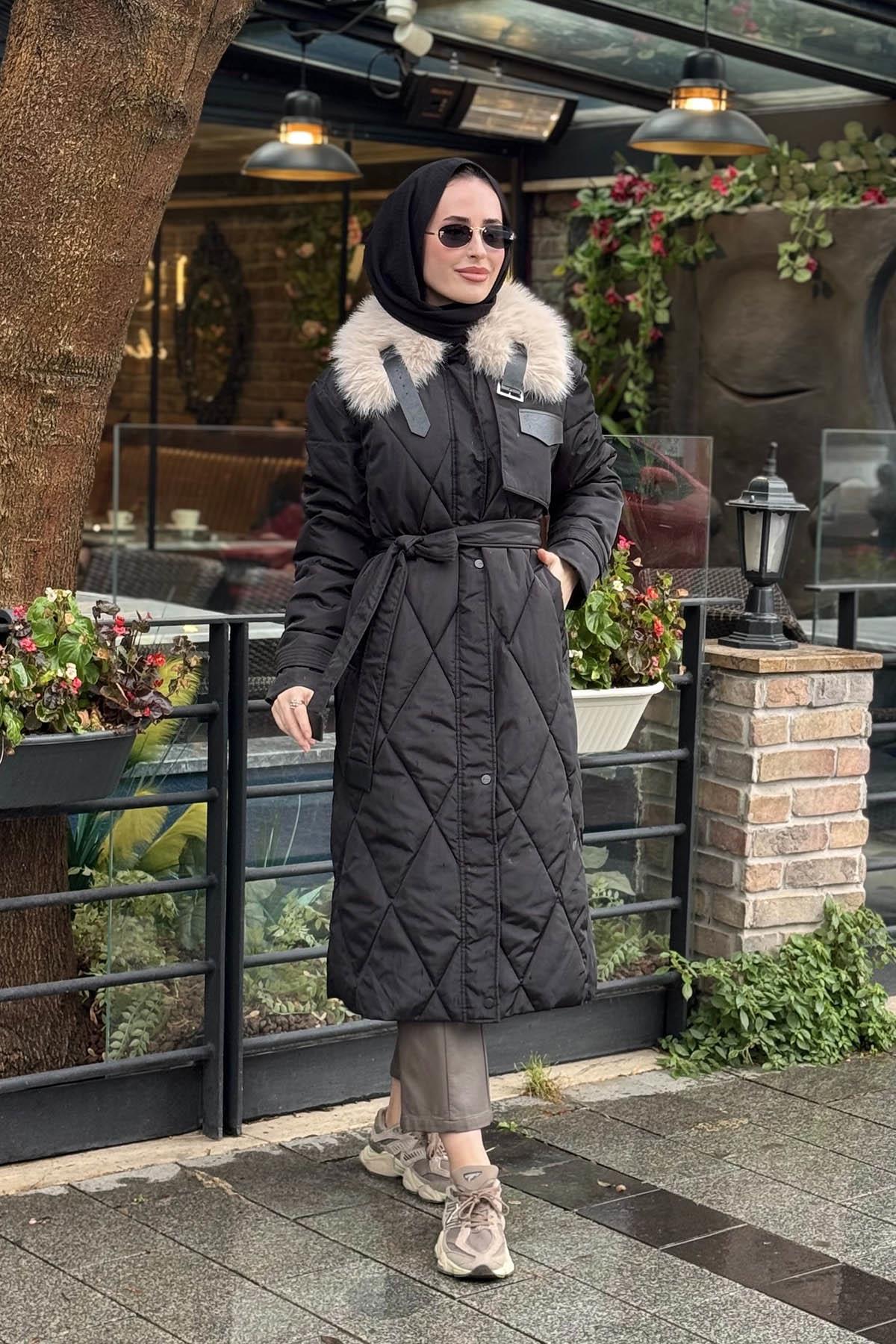 KAYRA Baklava Desen Suni Kürklü Mont KA-A24-27306 Siyah
