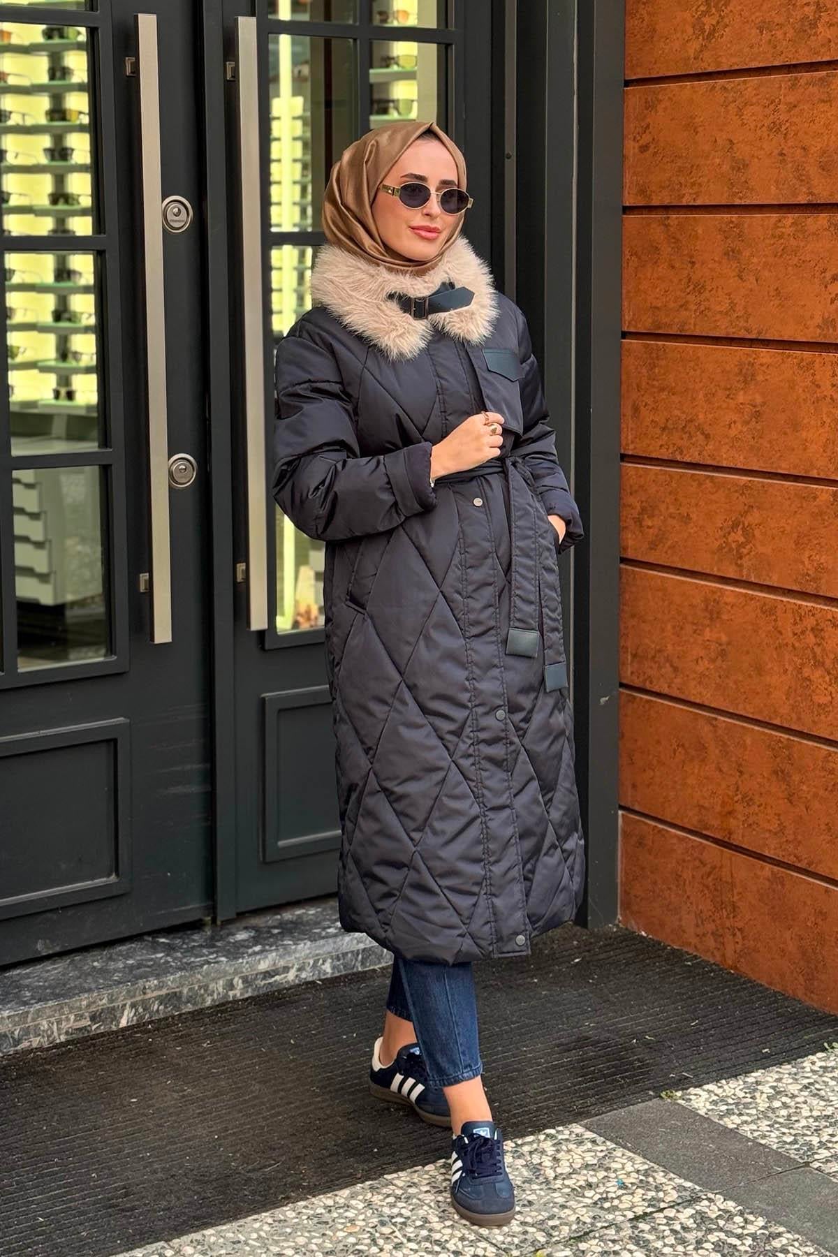 KAYRA Baklava Desen Suni Kürklü Mont KA-A24-27306 Lacivert
