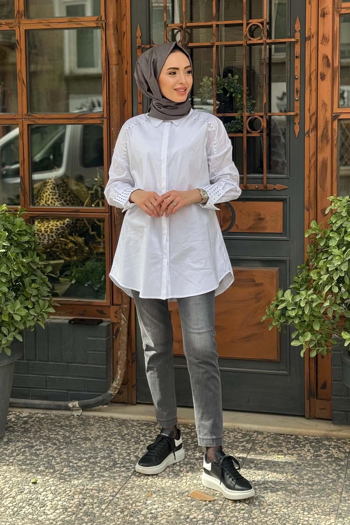 KAYRA Trok Baskılı Poplin Tunik KA-B25-21014 Beyaz