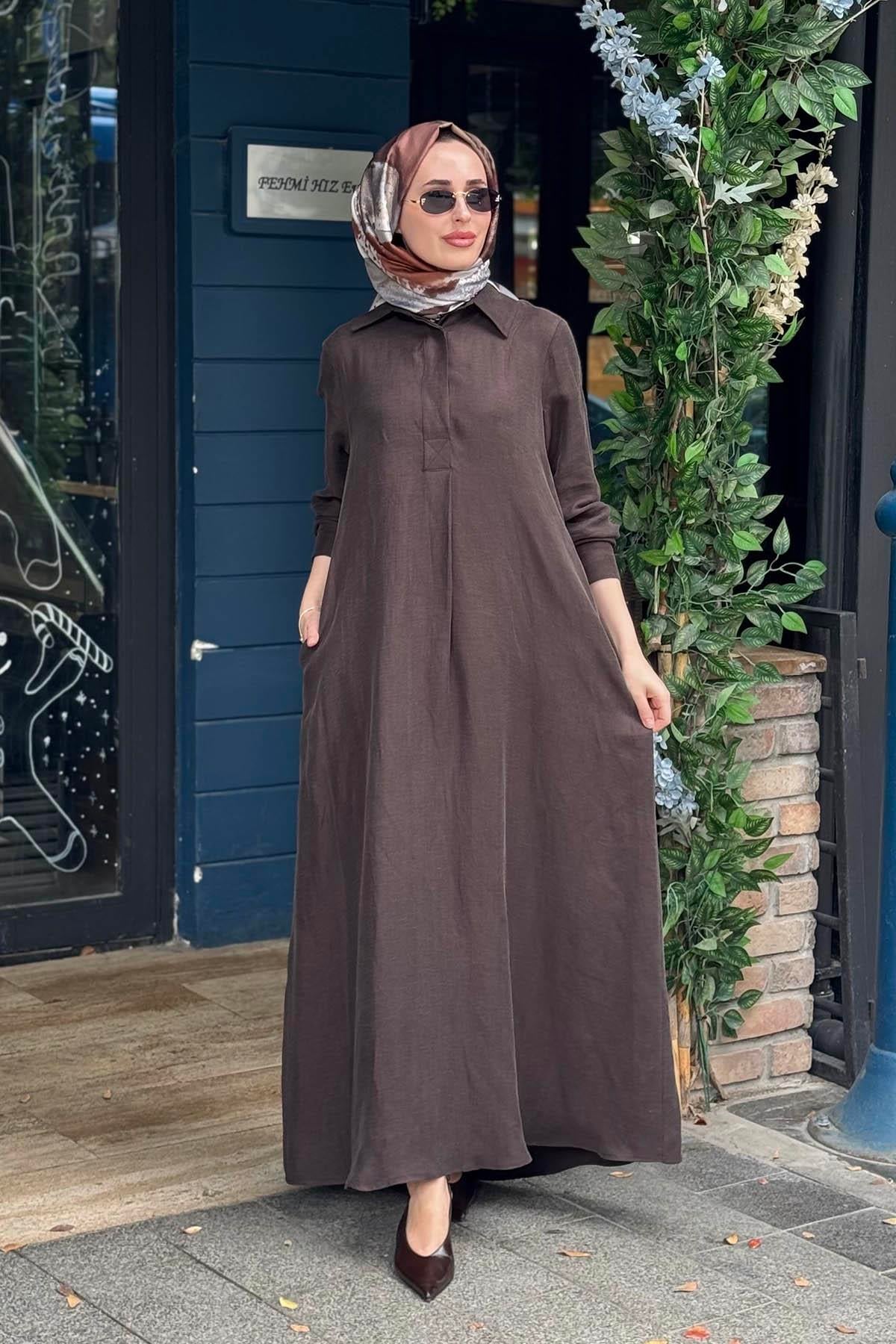 MİSS DALİDA İpek Keten Elbise 2264351 Kakao Kahve