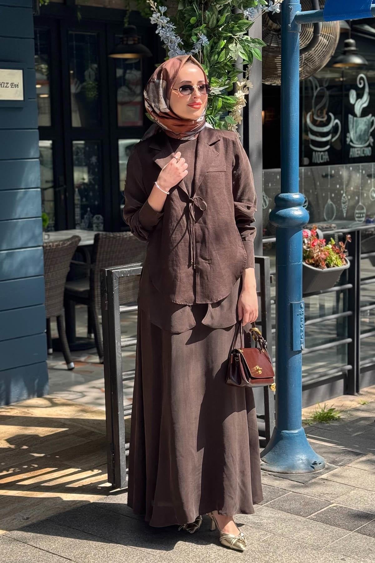 MİSS DALİDA Keten Elbise 2260252 Kakao Kahve