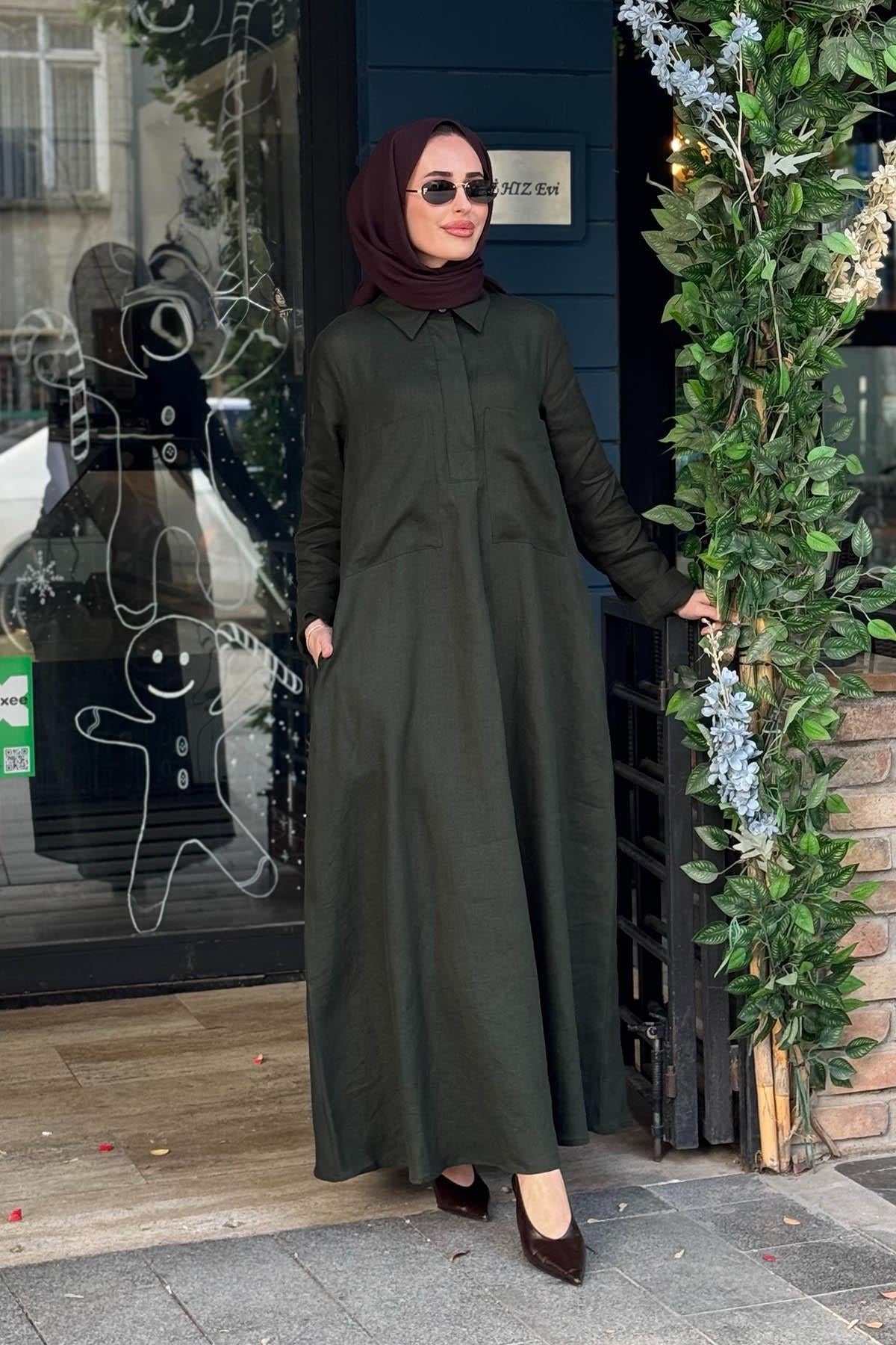 MİSS DALİDA Keten Elbise 2264260 Haki