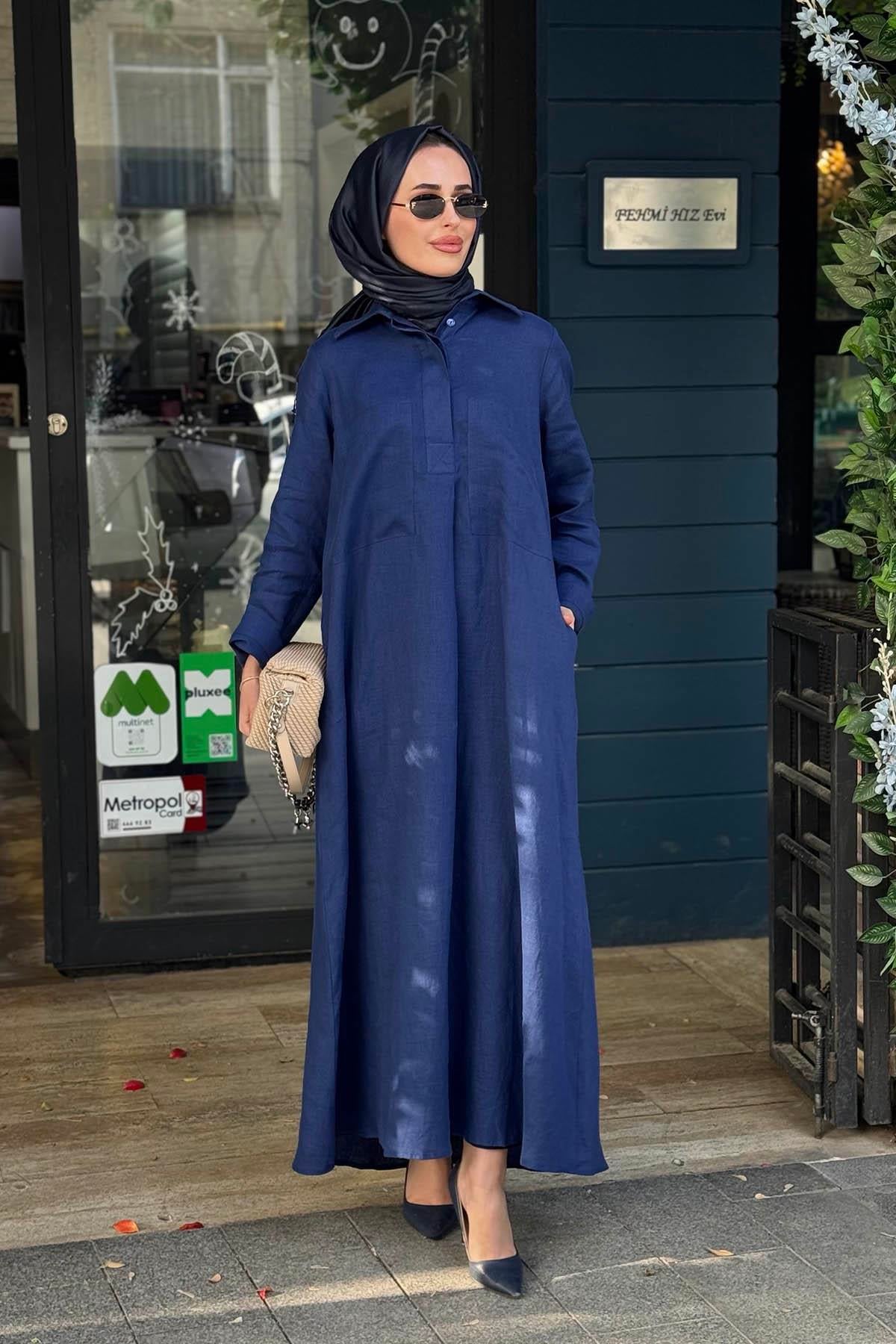 MİSS DALİDA Keten Elbise 2264260 Lacivert