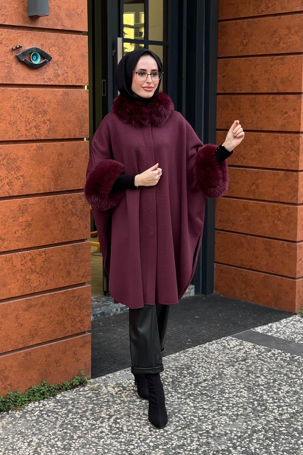 MİSSDALİDA Kürk Detaylı Triko Panço T26K-8400 Bordo