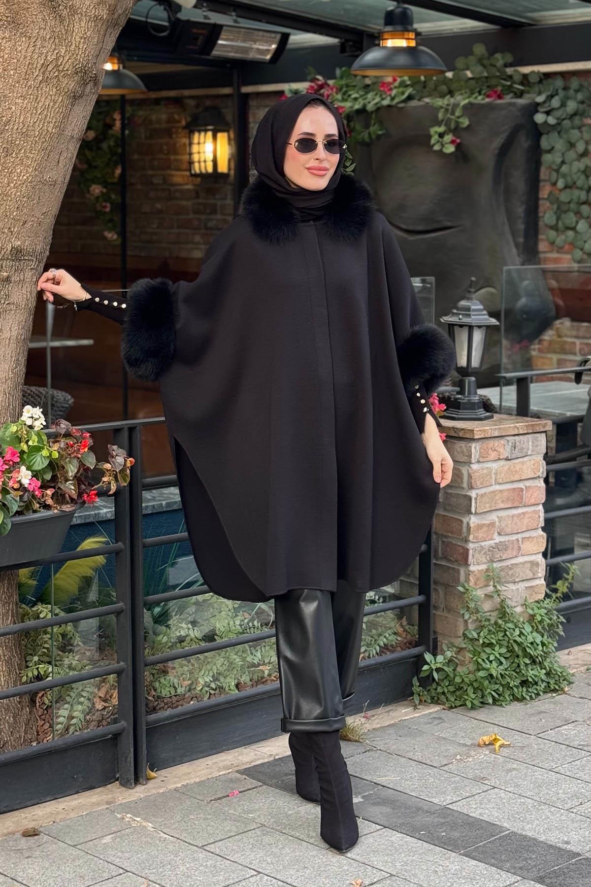 MİSSDALİDA Kürk Detaylı Triko Panço T26K-8400 Siyah