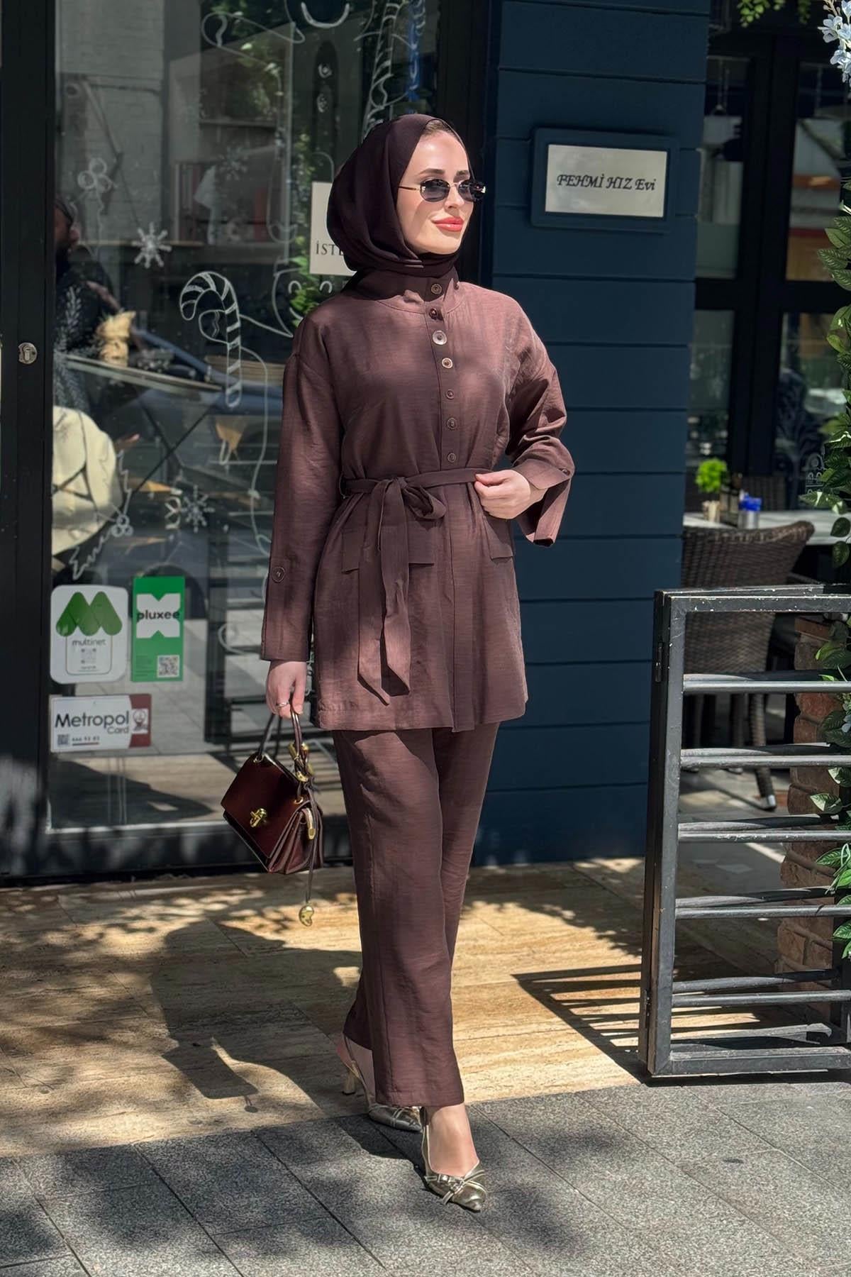 Moodbasic Bambu Keten Pantolonlu Takım MB24.710 Çikolata