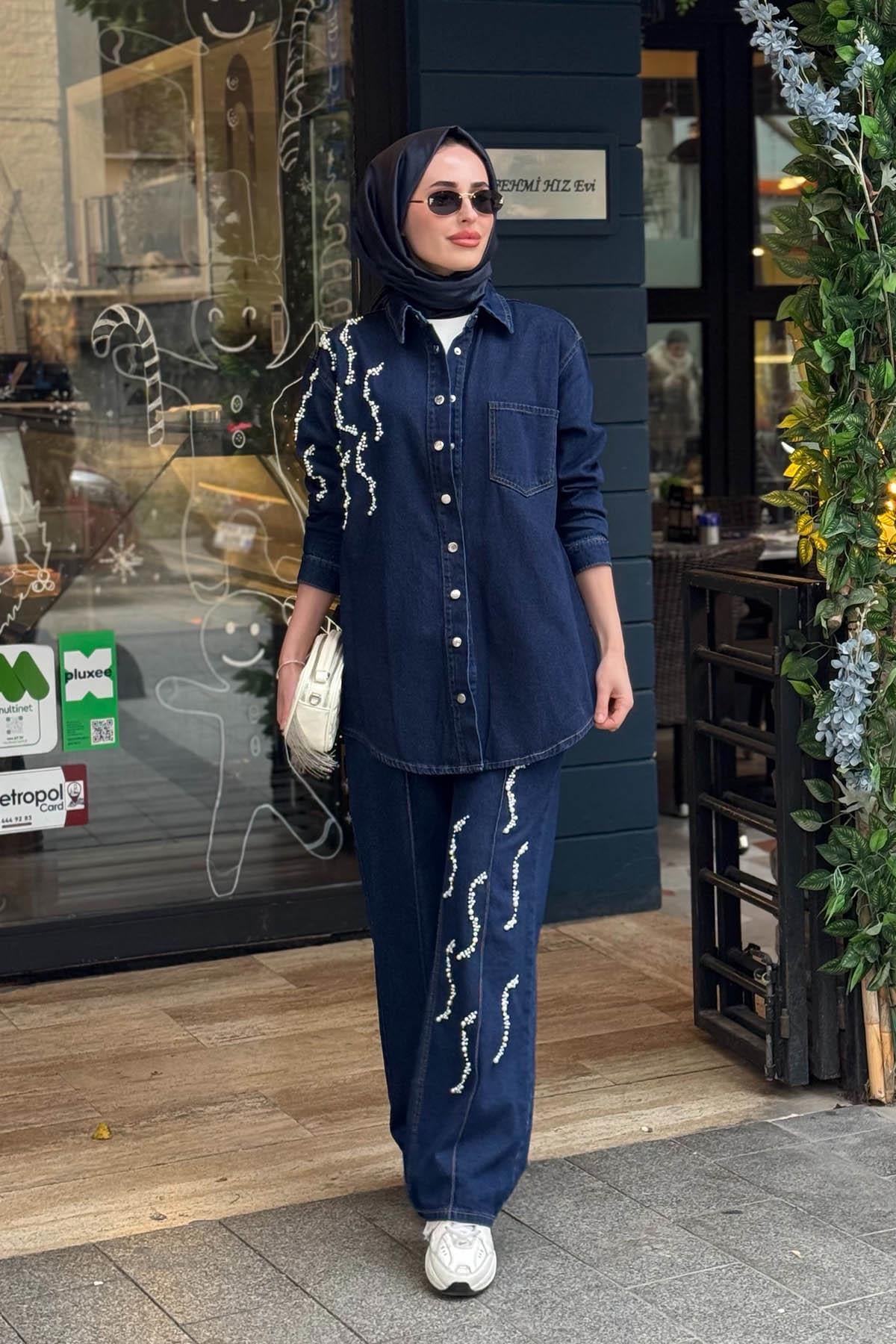 Moodbasic İncili Pantolonlu Denim Takım MB24.756 Lacivert