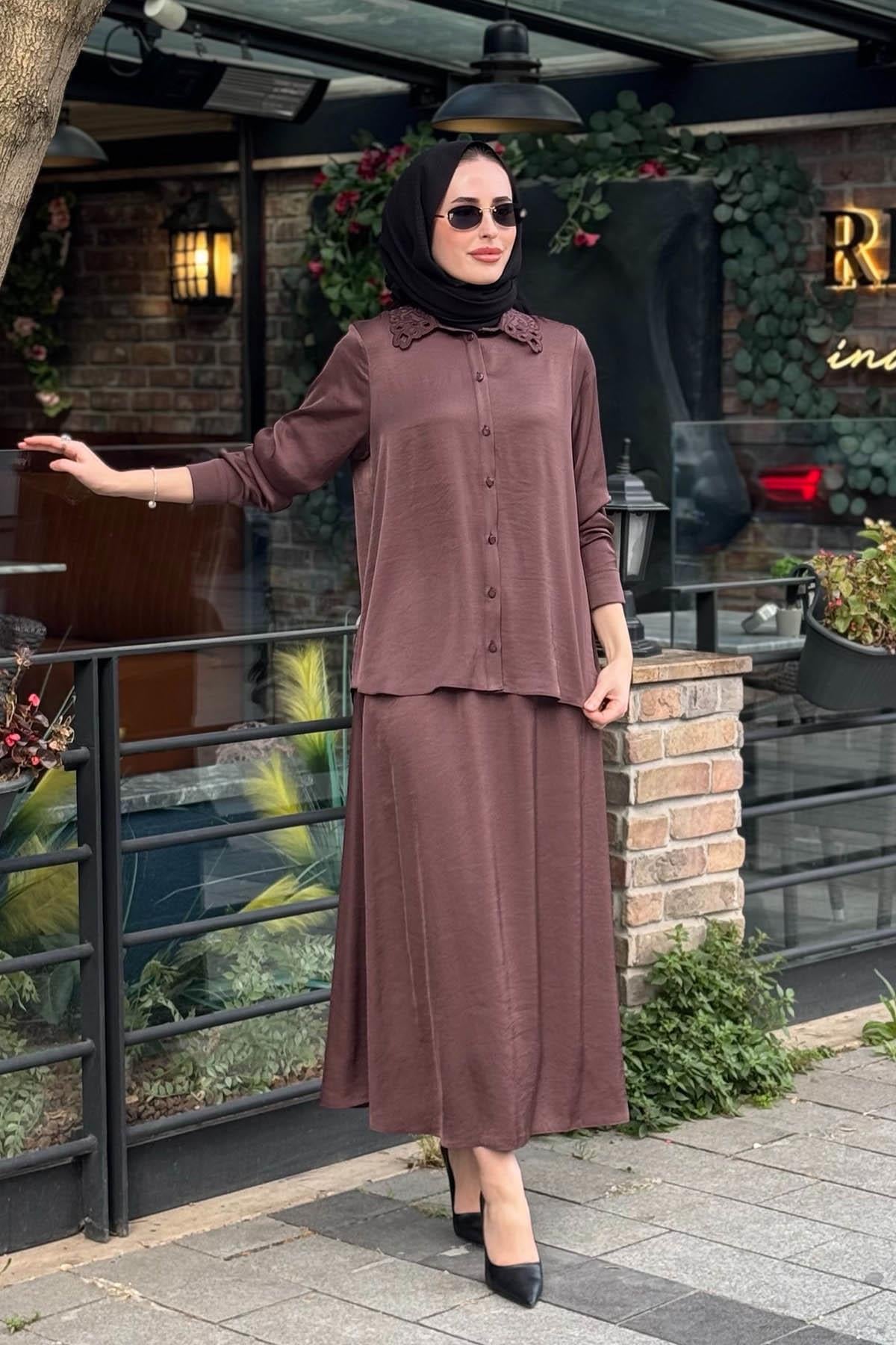 Nurcan Çetin Etekli Takım 26454 Kahve