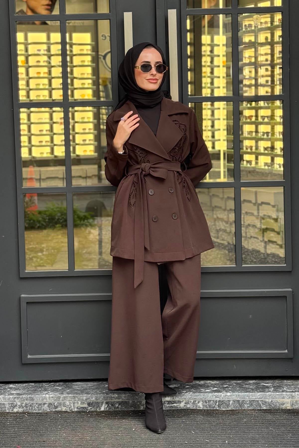 Nurcan Çetin Pantolonlu Takım 25573 Kahve