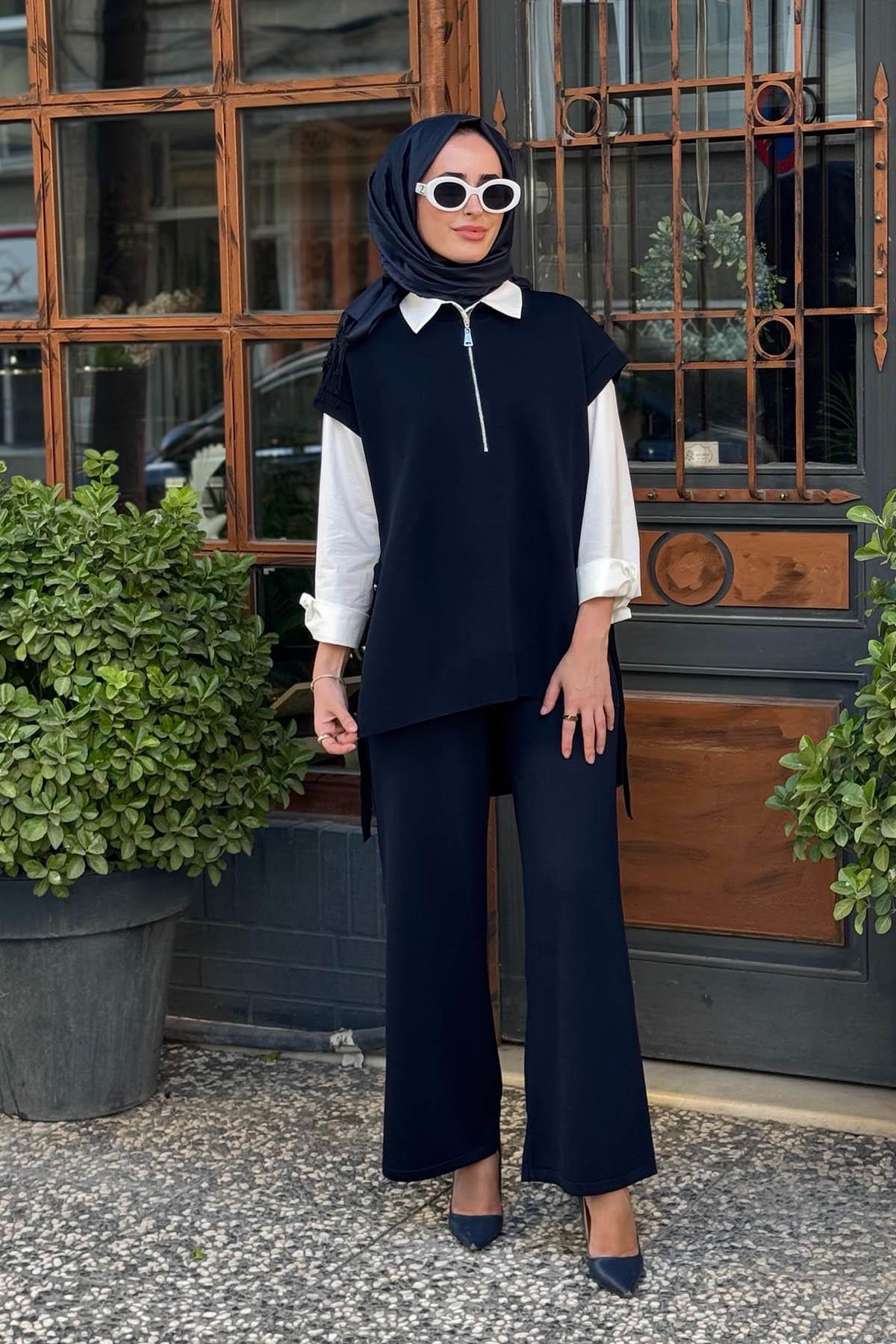 Nurcan Çetin Pantolonlu Triko Takım NR142 Lacivert