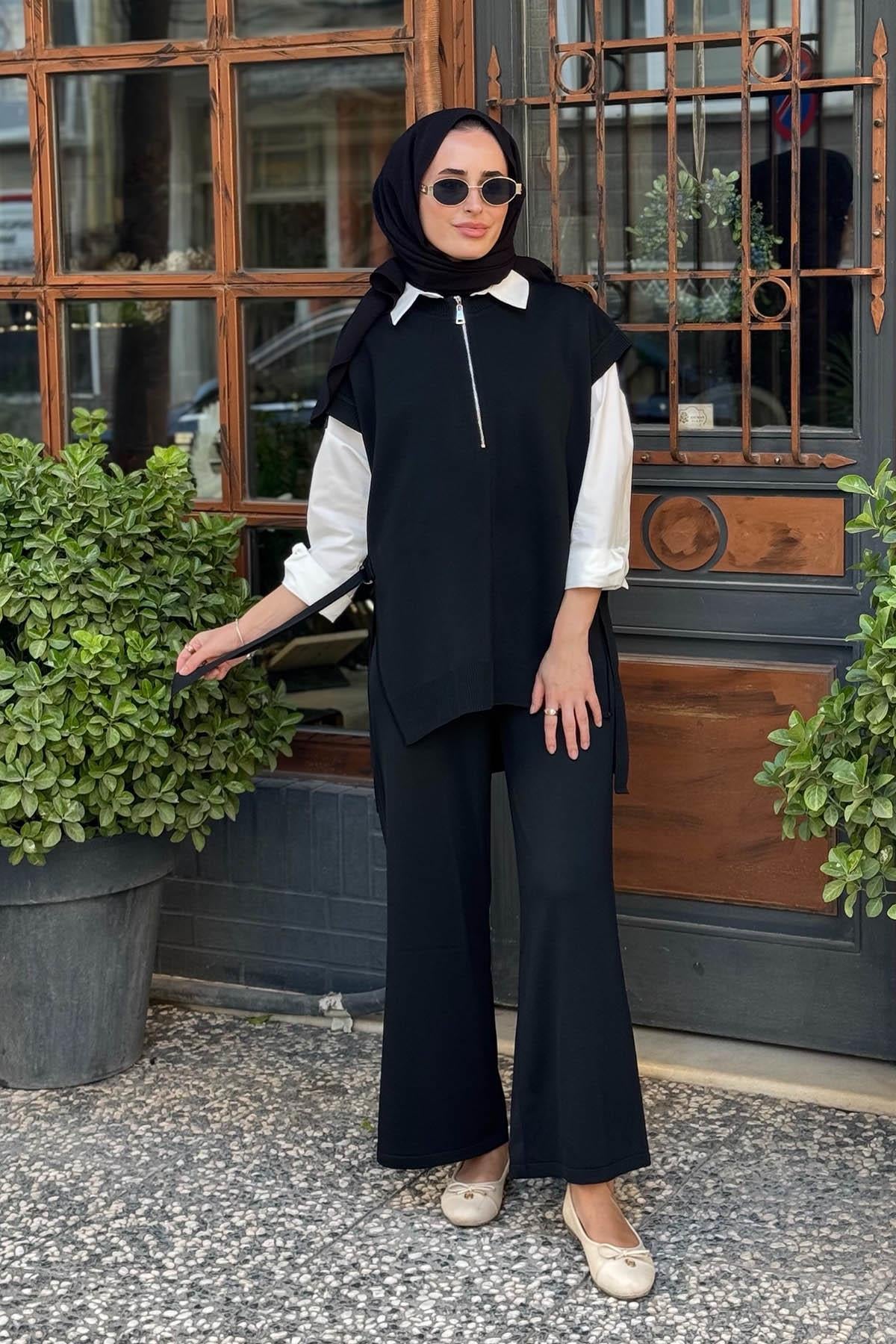 Nurcan Çetin Pantolonlu Triko Takım NR142 Siyah
