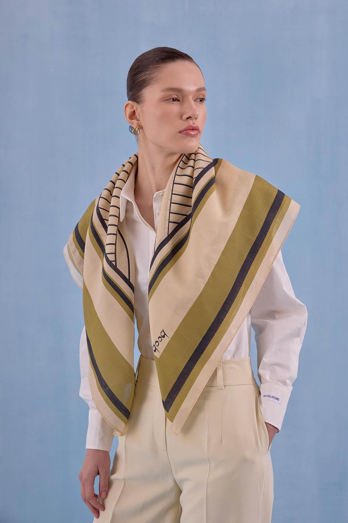 QOOQ Blok Baskılı Eşarp 26SS101 Oliv